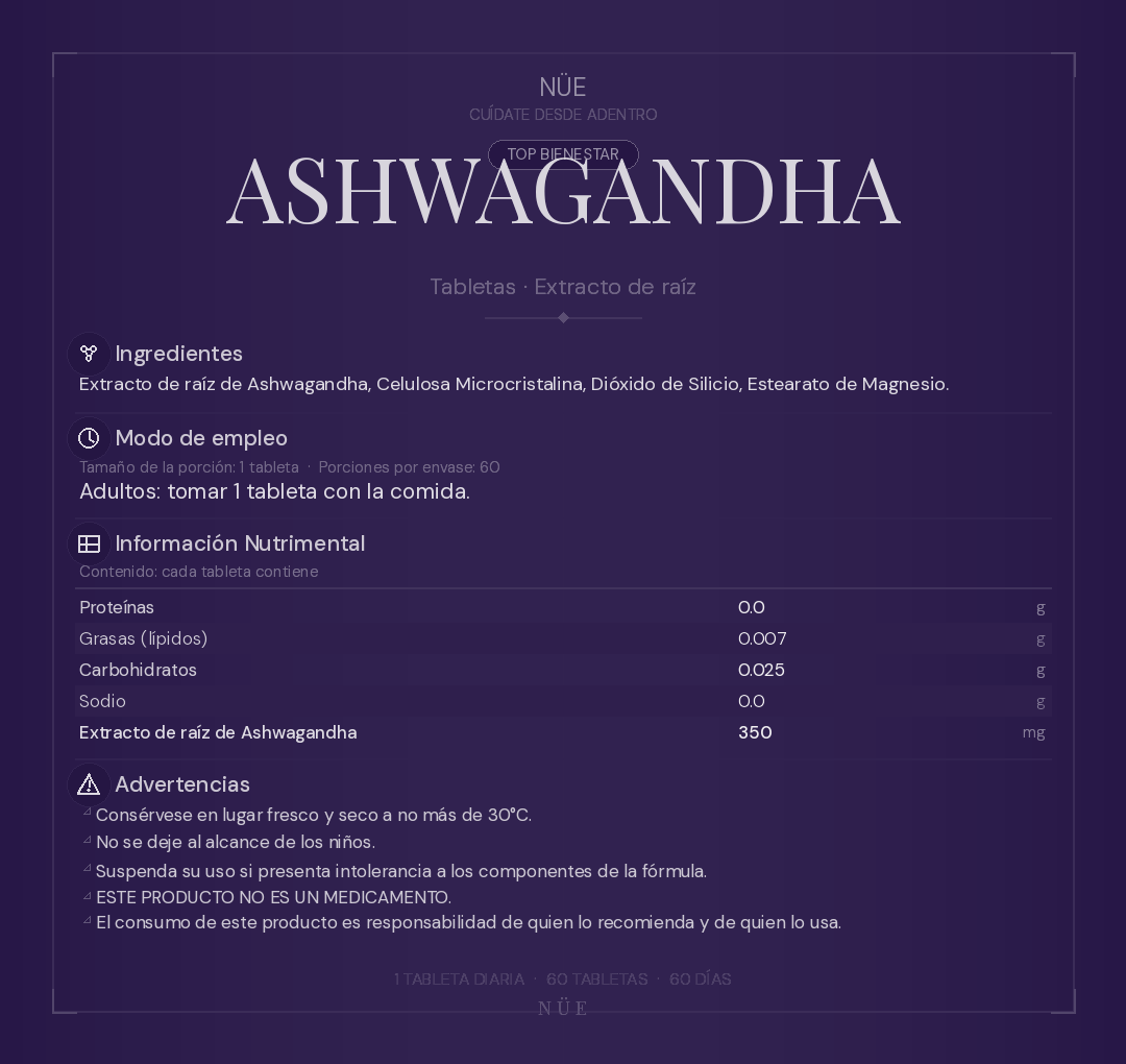 Ashwagandha NÜE — Extracto de Raíz | 90 Tabletas
